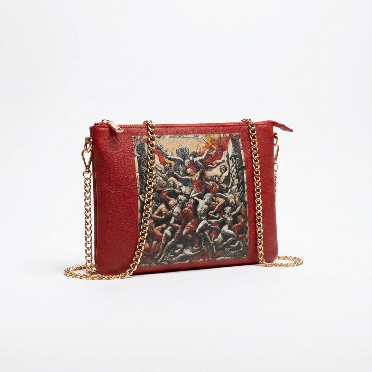 Red leather crossbody bag with Greek mythology-inspired print and chain strap — additional view 9