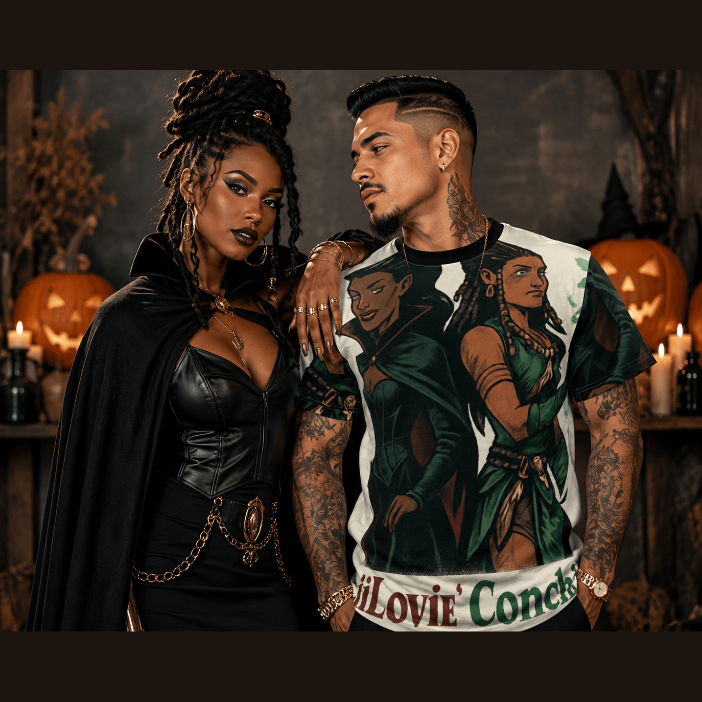 Couple wearing unisex fantasy all-over print t-shirt in Halloween lifestyle setting