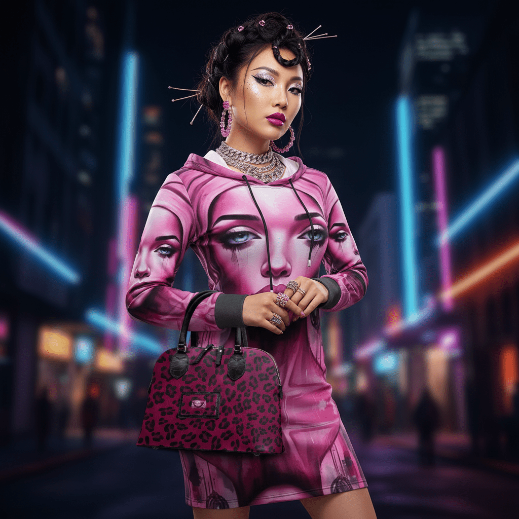 Long pink hoodie dress with 'Her Eyes' print, kangaroo pocket and functional hood drawstring
