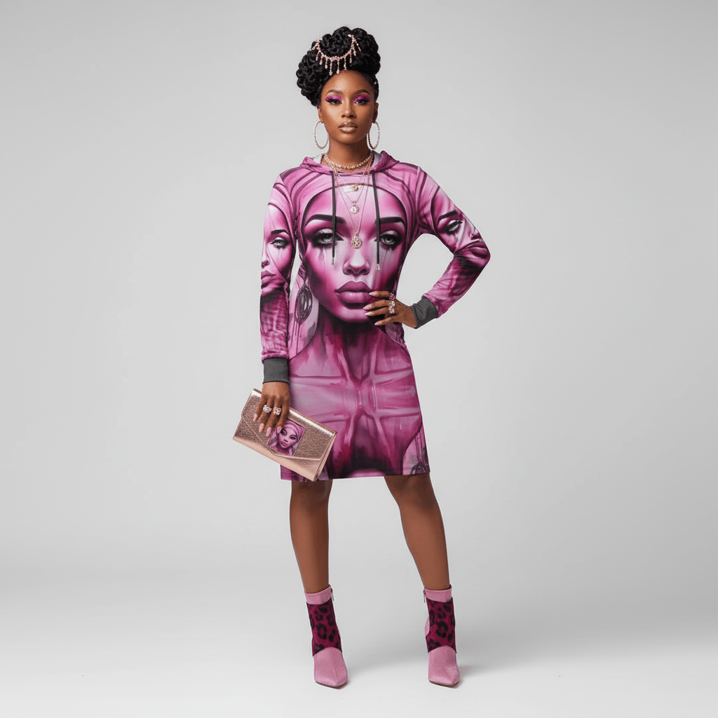 Long pink hoodie dress with 'Her Eyes' print, kangaroo pocket and functional hood drawstring — additional view 11