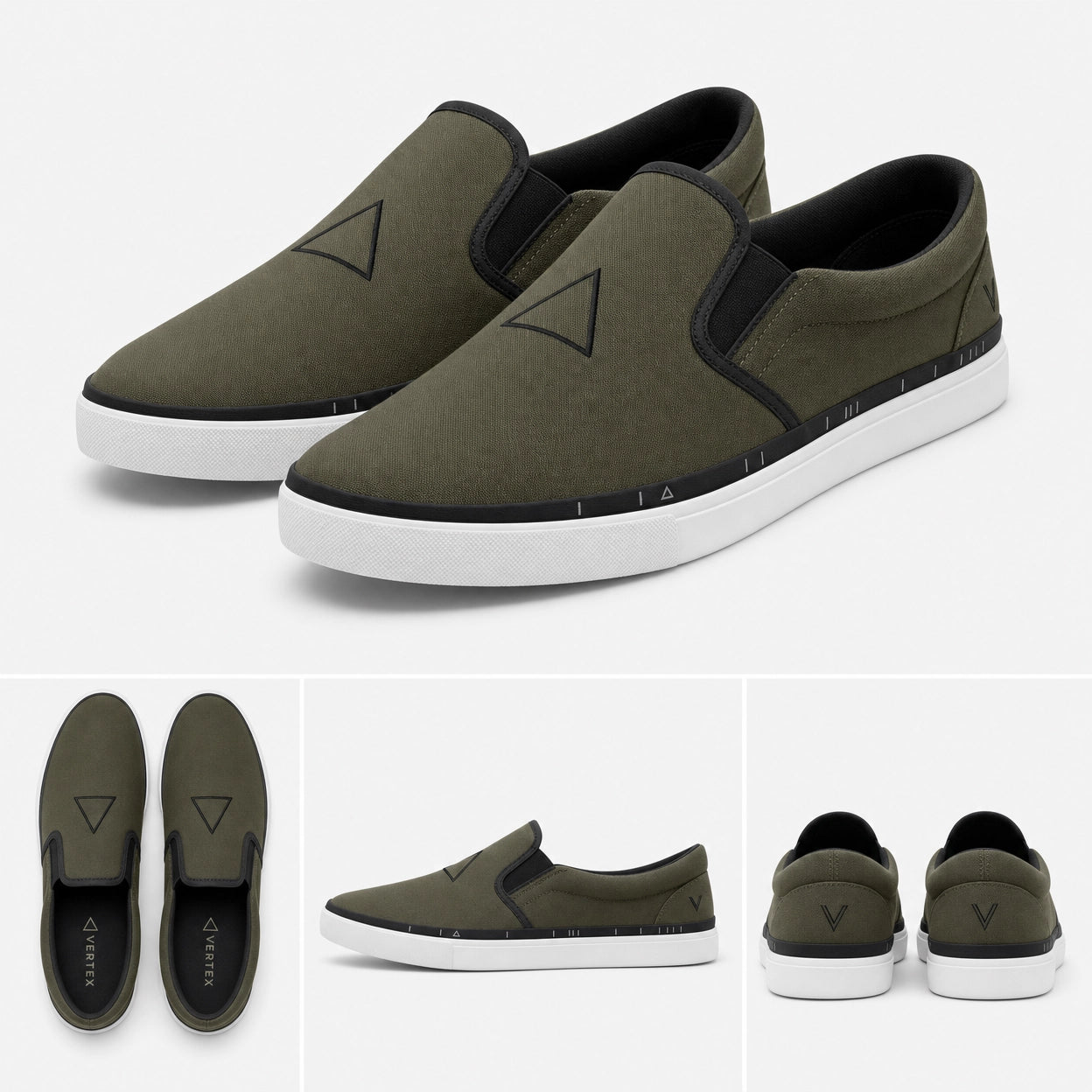 Vertex Equilateral Mark Slip-On Shoe Slip-On Shoe in olive with black geometric Vertex menswear design