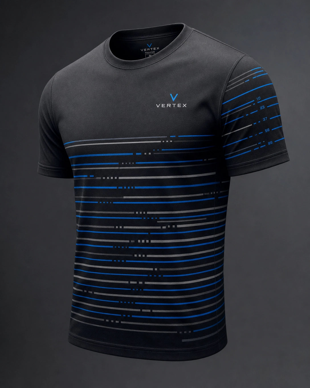 Vertex Algorithm Stripe T-Shirt in charcoal with electric blue geometric Vertex menswear design
