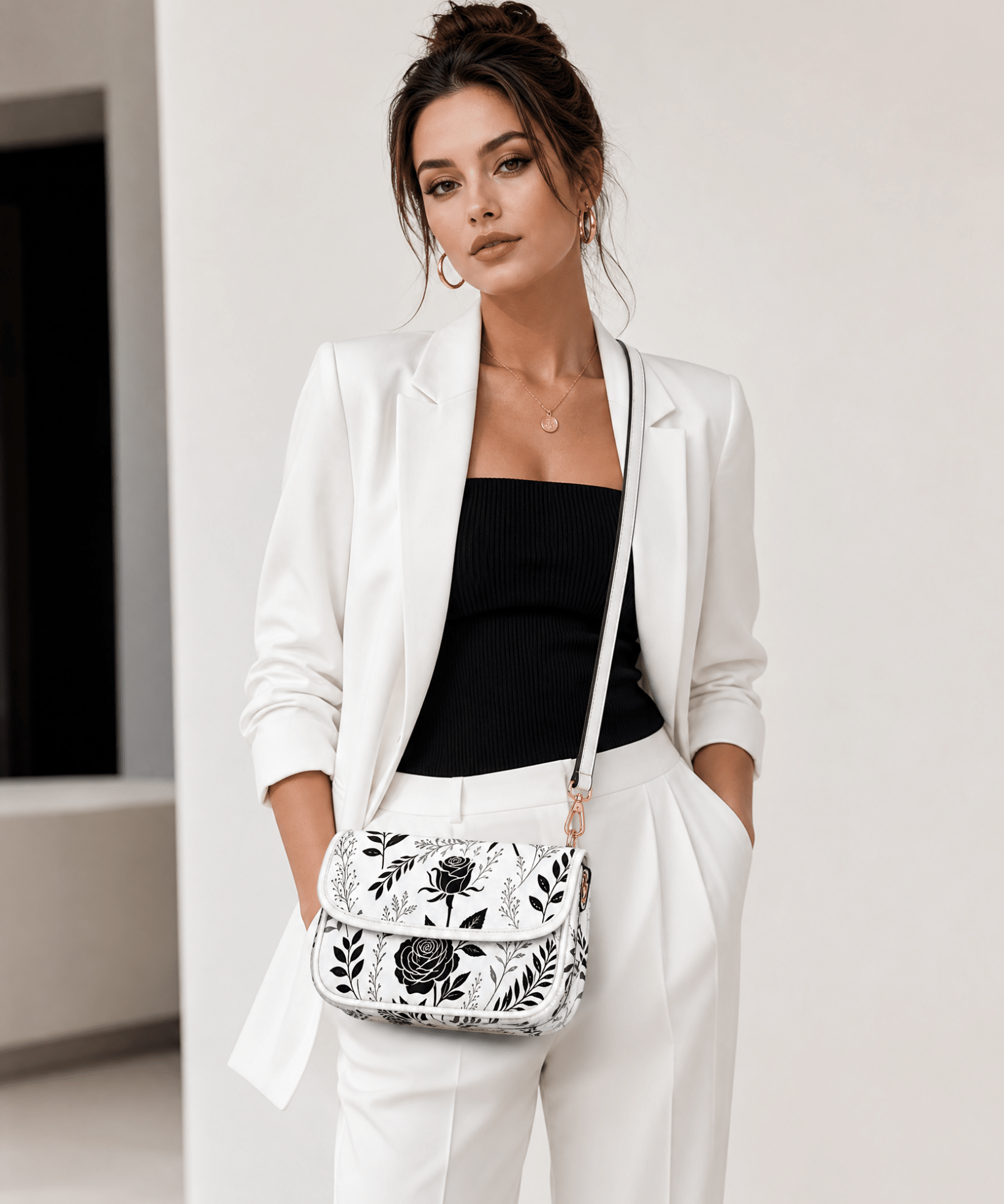 White shoulder handbag with black rose floral line-art, gold chain detail, and magnetic flap