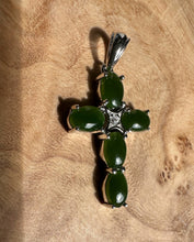 Load image into Gallery viewer, Dark Green Jade and Silver Cross Pendant - 4134
