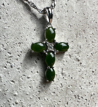 Load image into Gallery viewer, Dark Green Jade and Silver Cross Pendant - 4134
