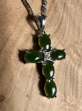 Load image into Gallery viewer, Dark Green Jade and Silver Cross Pendant - 4134
