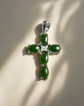 Load image into Gallery viewer, Dark Green Jade and Silver Cross Pendant - 4134
