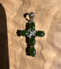 Load image into Gallery viewer, Dark Green Jade and Silver Cross Pendant - 4134
