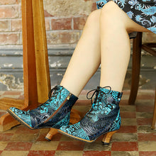 Load image into Gallery viewer, Blue Embossed Leather And Warm Brocade Comfy Ankle Boots
