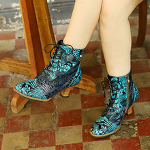 Load image into Gallery viewer, Blue Embossed Leather And Warm Brocade Comfy Ankle Boots
