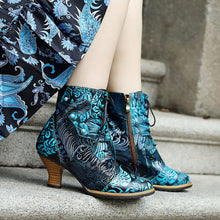 Load image into Gallery viewer, Blue Embossed Leather And Warm Brocade Comfy Ankle Boots
