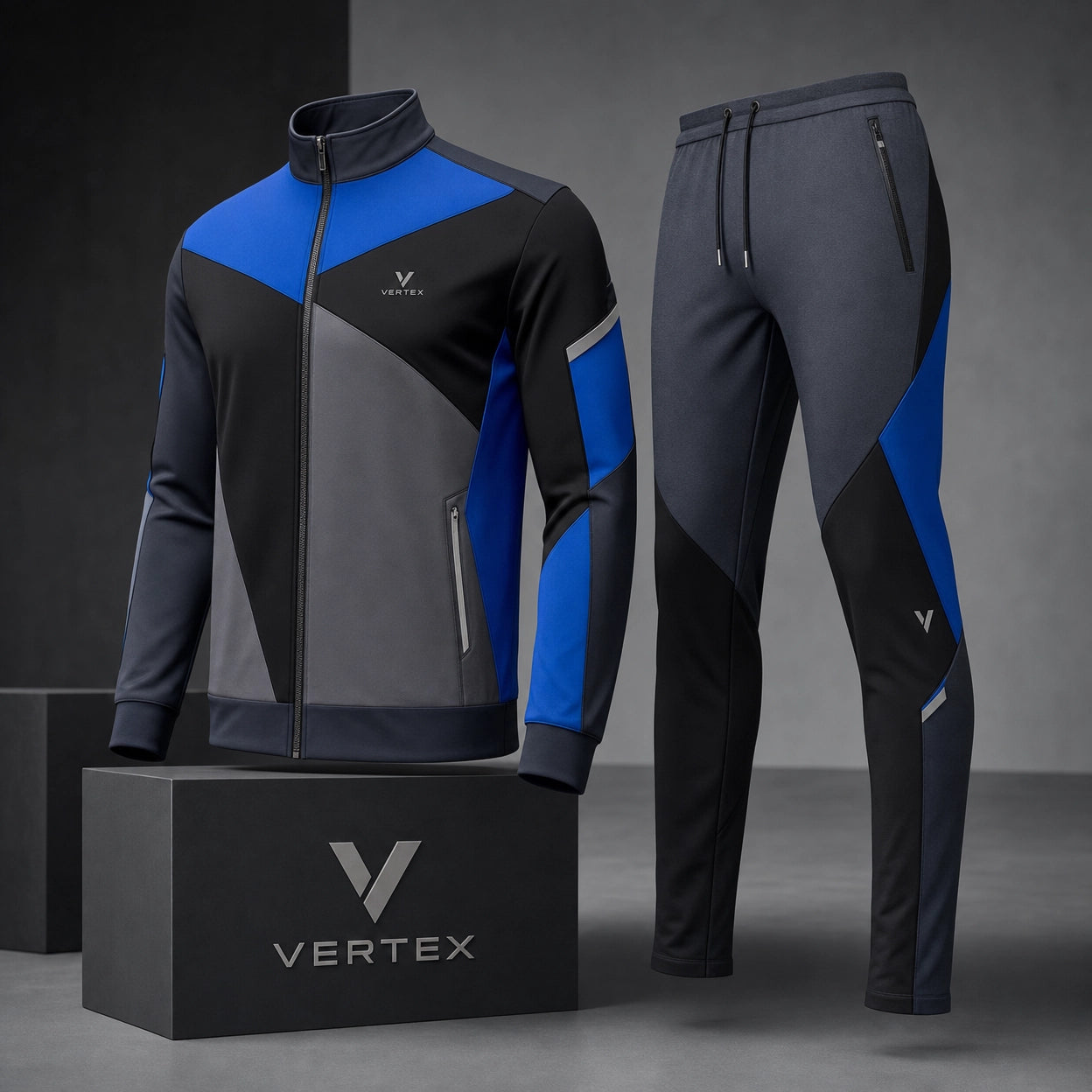 Vertex Cubist Panel Tracksuit in black with electric blue geometric Vertex menswear design
