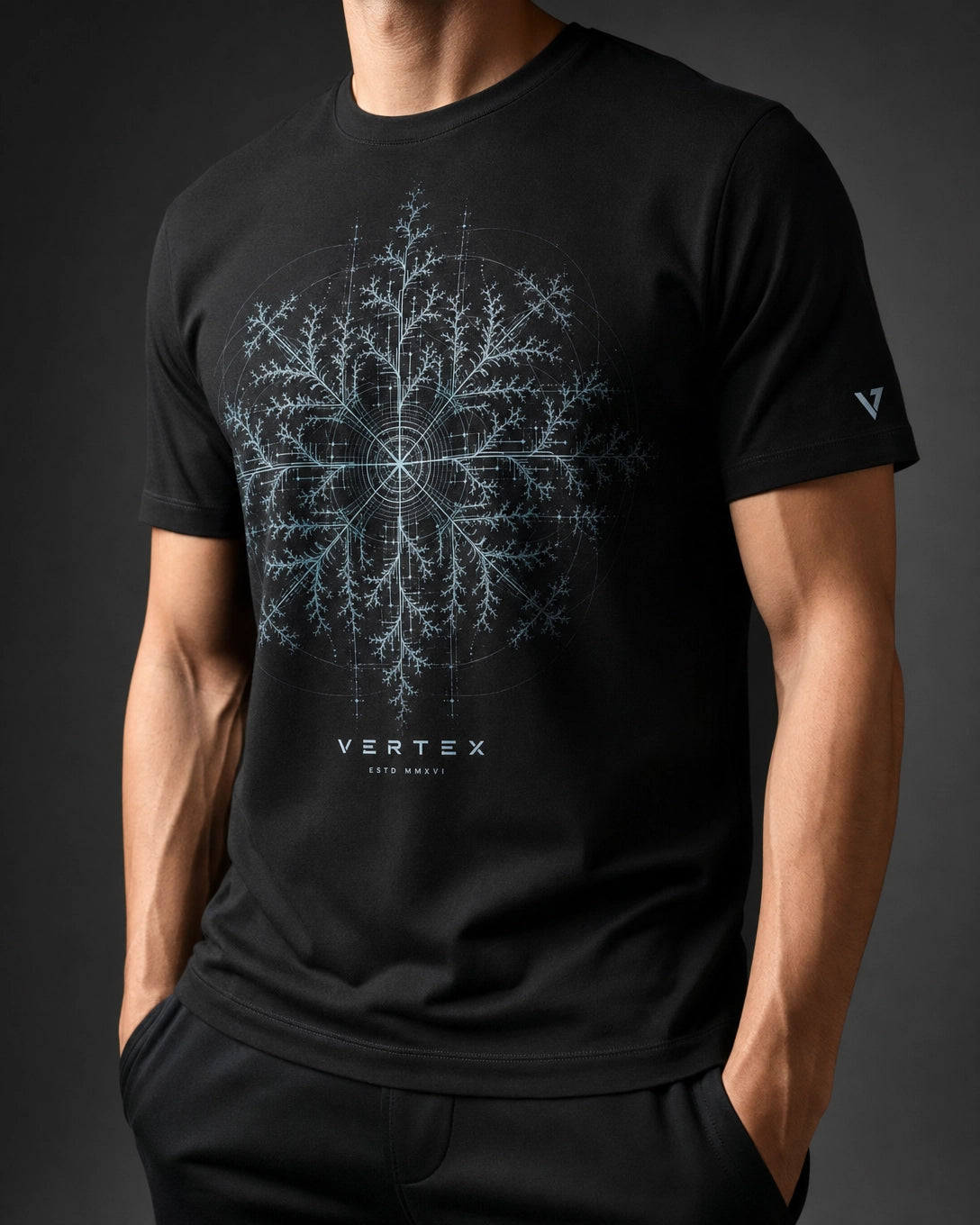 Vertex Fractal Vector T-Shirt in black with silver geometric Vertex menswear design