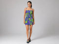 Rich and Rich Key Lime and Purple Abstract Women’s Bodycon Dress | Adjustable Cami Strap Sleeveless Mini Dress