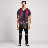 Magenta baseball jersey with all-over musical notes print in lightweight mesh polyester — additional view 6