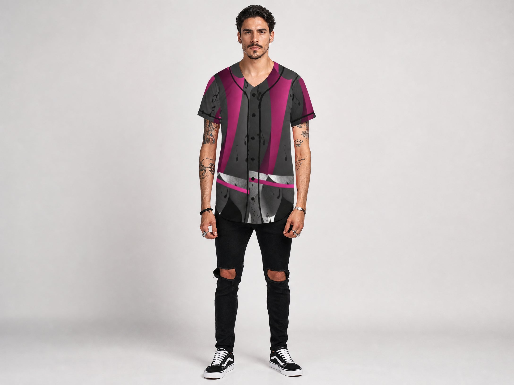 R&RH Magenta Musical Notes Men's Baseball Jersey All Over Print Baseball Jersey for Men (Model T50) - Rich and Rich Homeopportunities