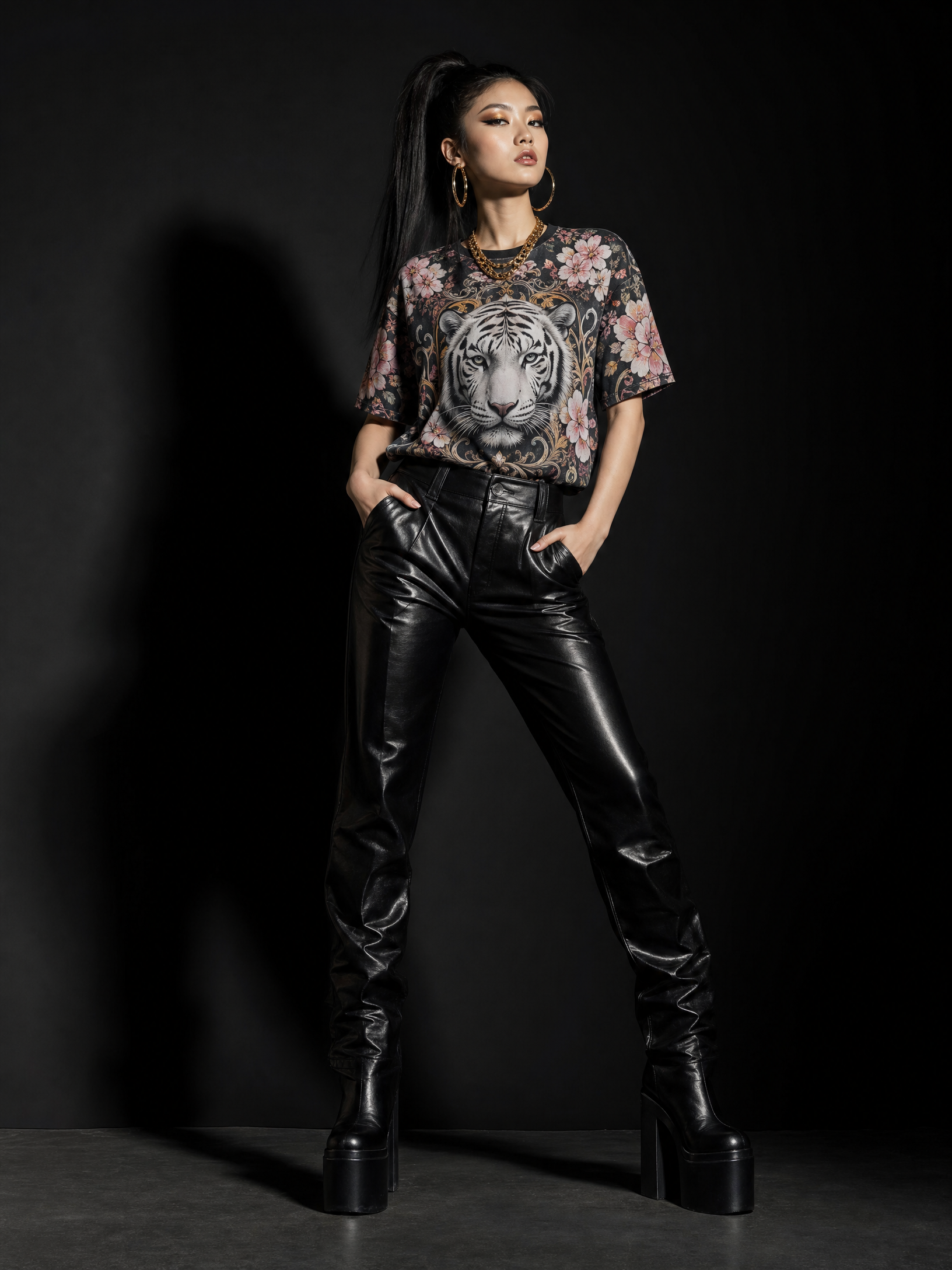 Rich & Rich White Tiger Cherry Blossom All-Over Print T-Shirt