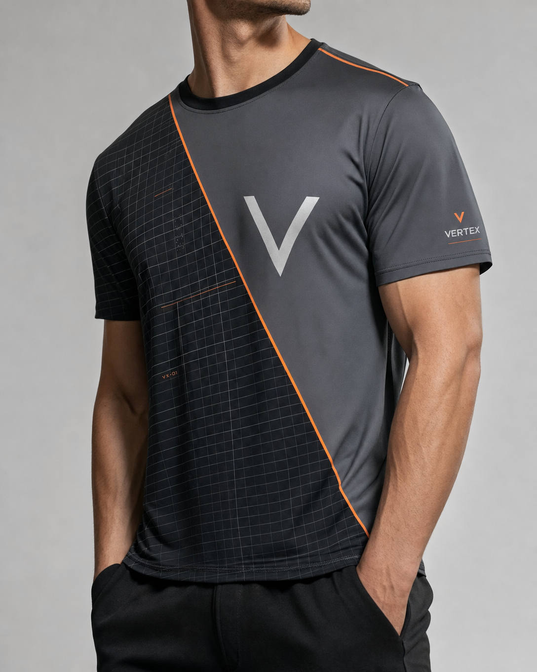 Vertex Axis Split T-Shirt in slate gray with signal orange geometric Vertex menswear design