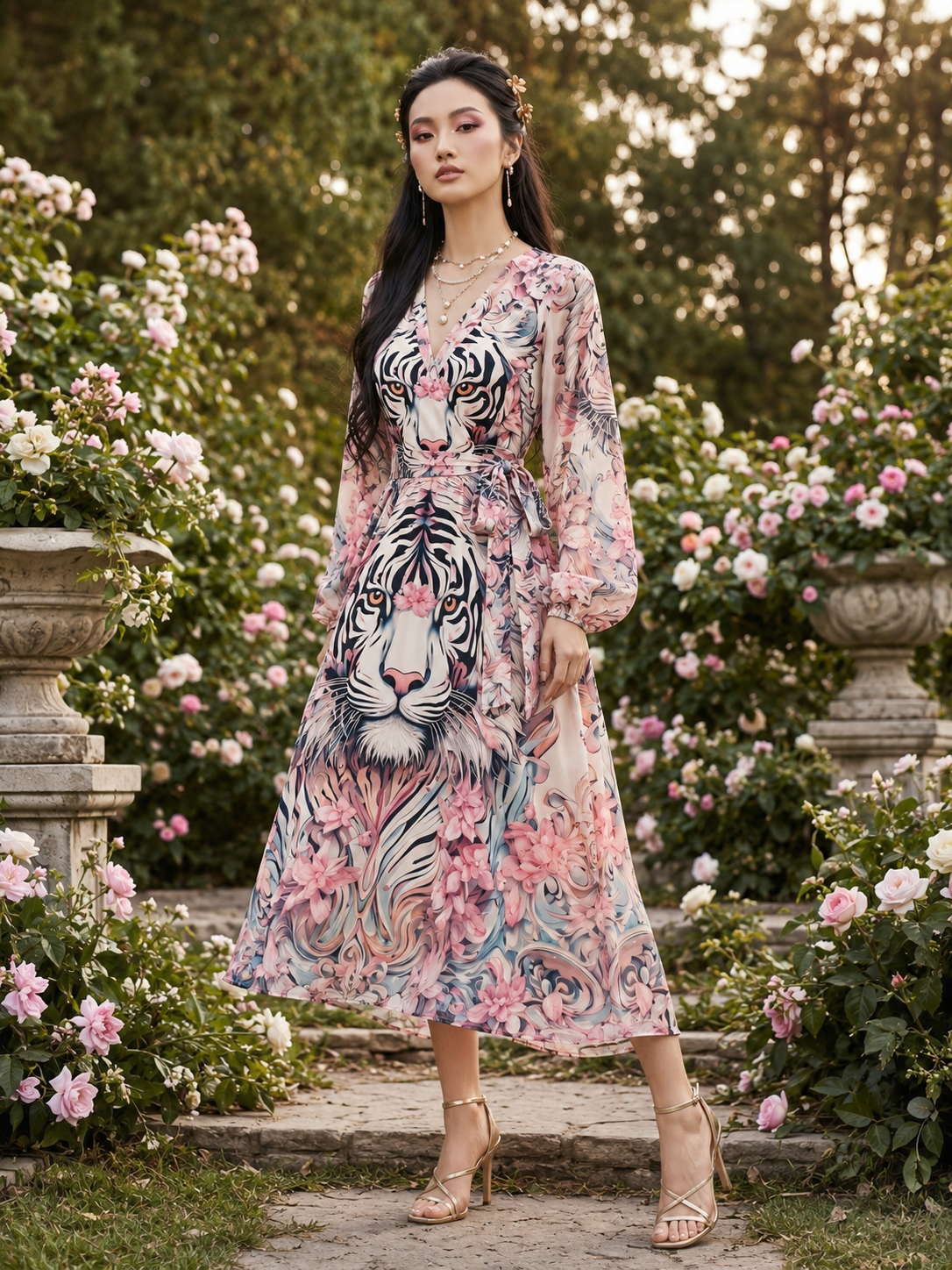 Rich & Rich White Tiger Cherry Blossom All-Over Print Wrap Midi Dress