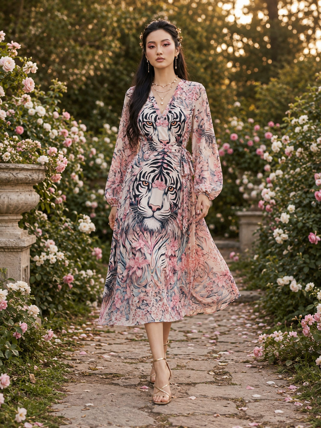 Rich & Rich White Tiger Cherry Blossom All-Over Print Wrap Midi Dress