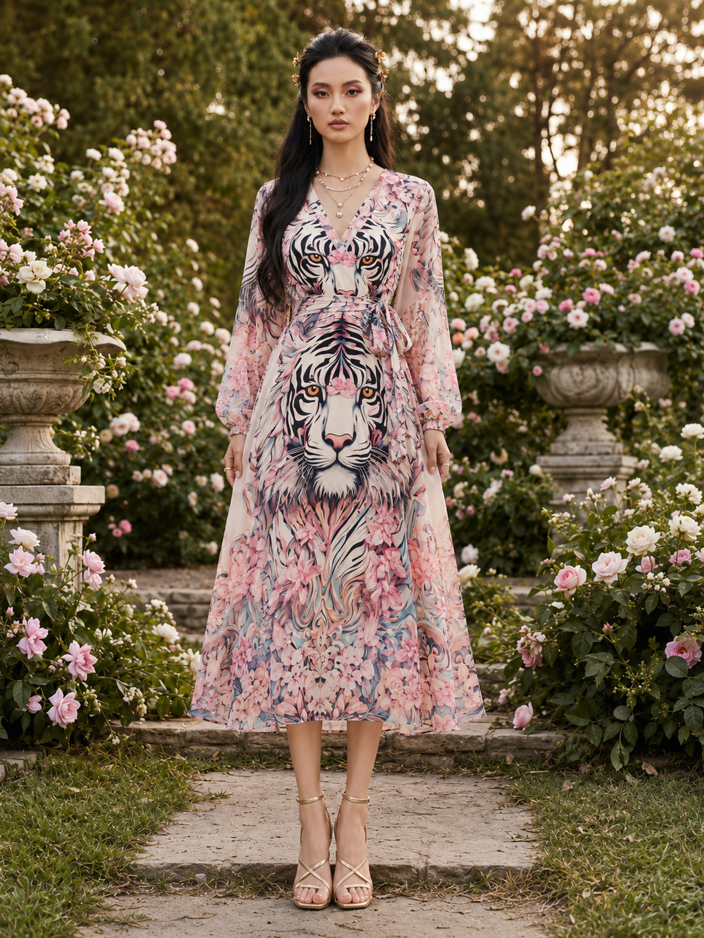 Rich & Rich White Tiger Cherry Blossom All-Over Print Wrap Midi Dress