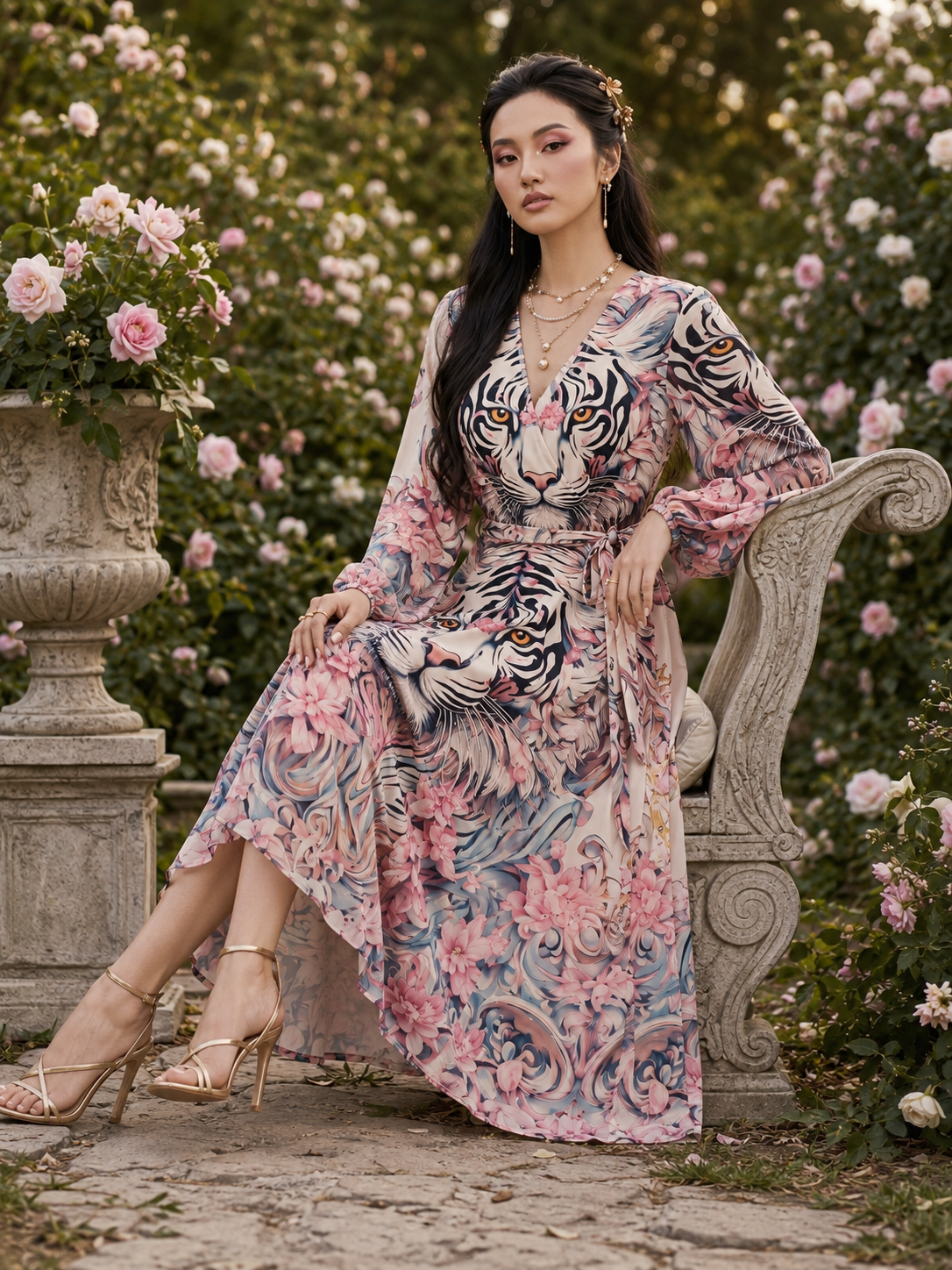 Rich & Rich White Tiger Cherry Blossom All-Over Print Wrap Midi Dress