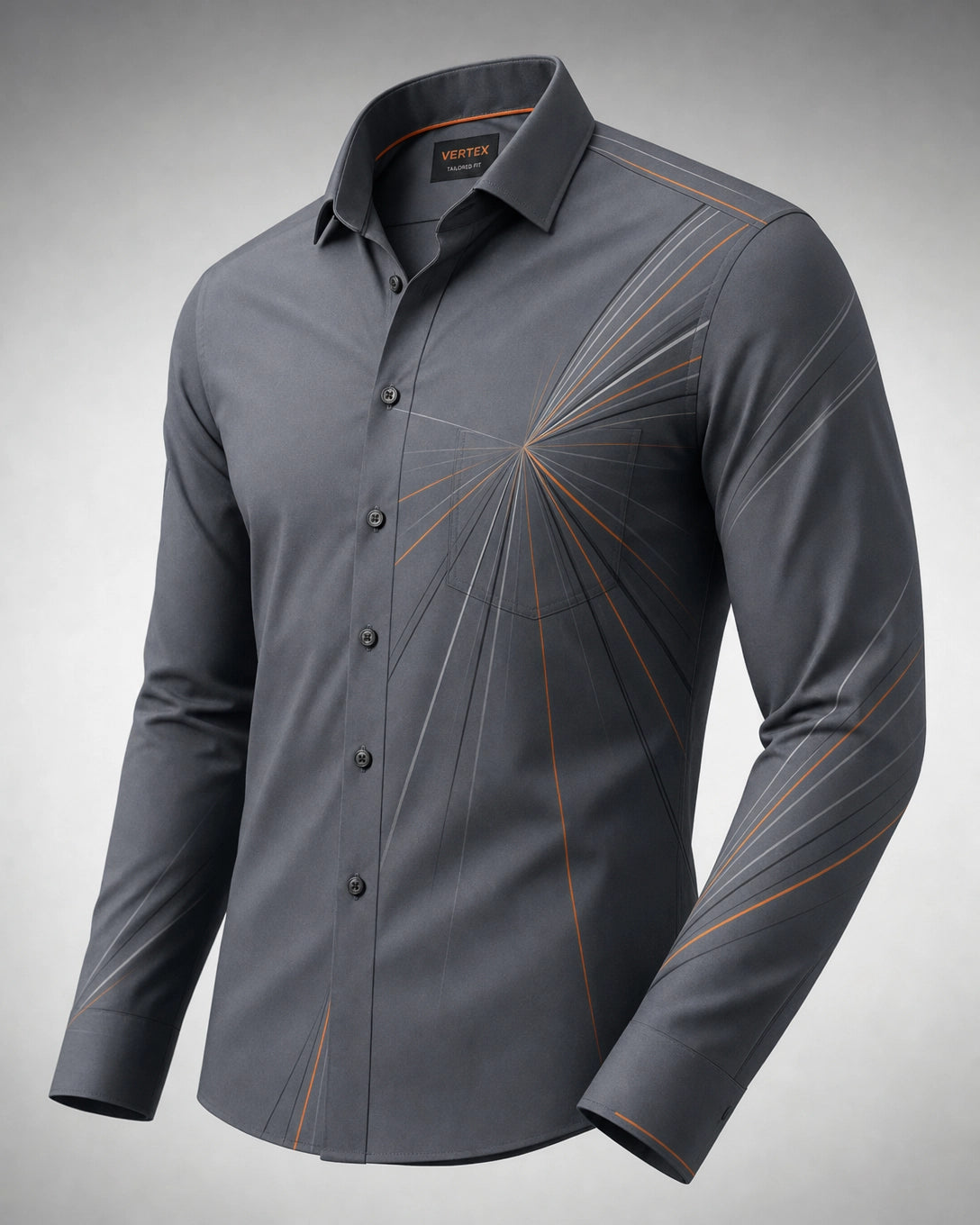 Vertex Kinetic Vertex Button-Up Shirt in slate gray with navy geometric Vertex menswear design