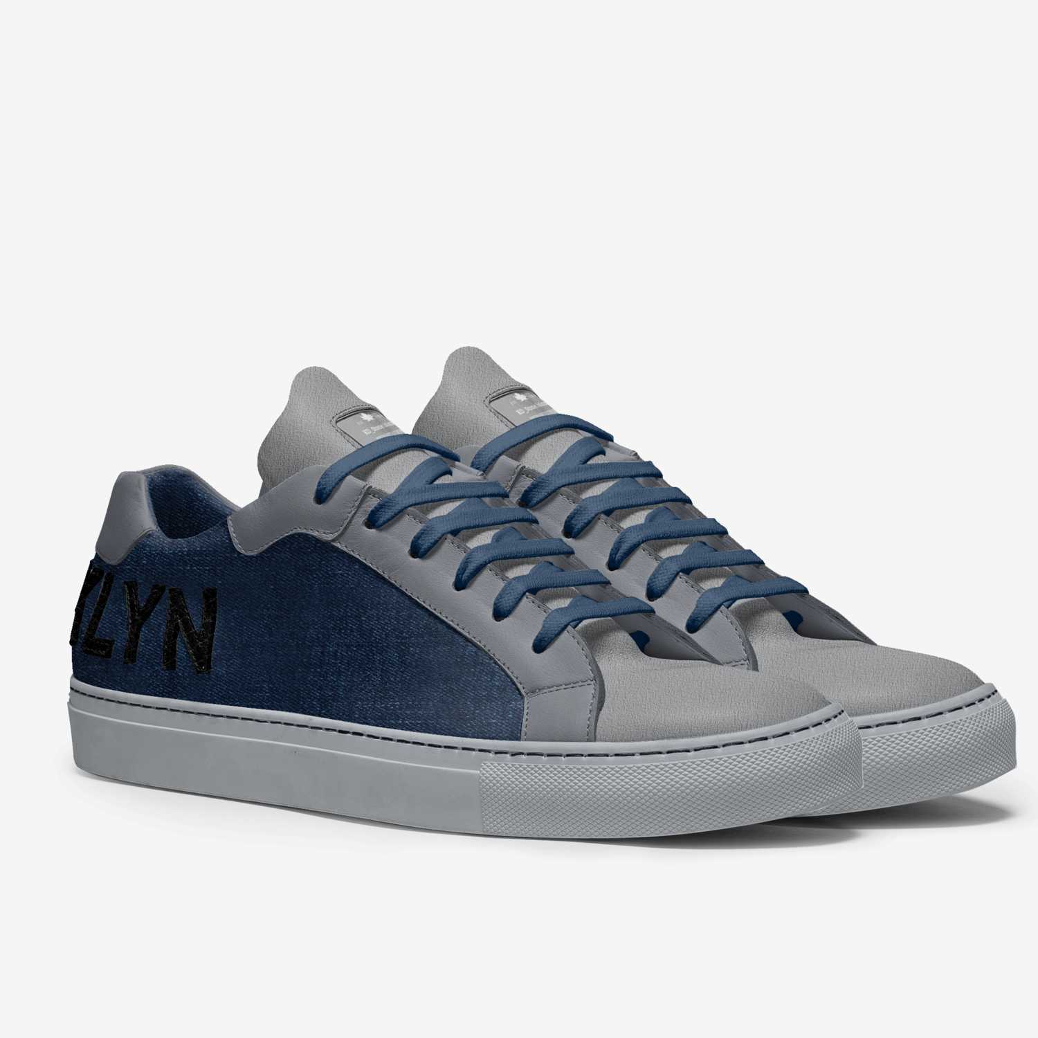 Blue-grey men's low-top leather sneaker with padded collar, branded heel details and rubber sole — alternate view