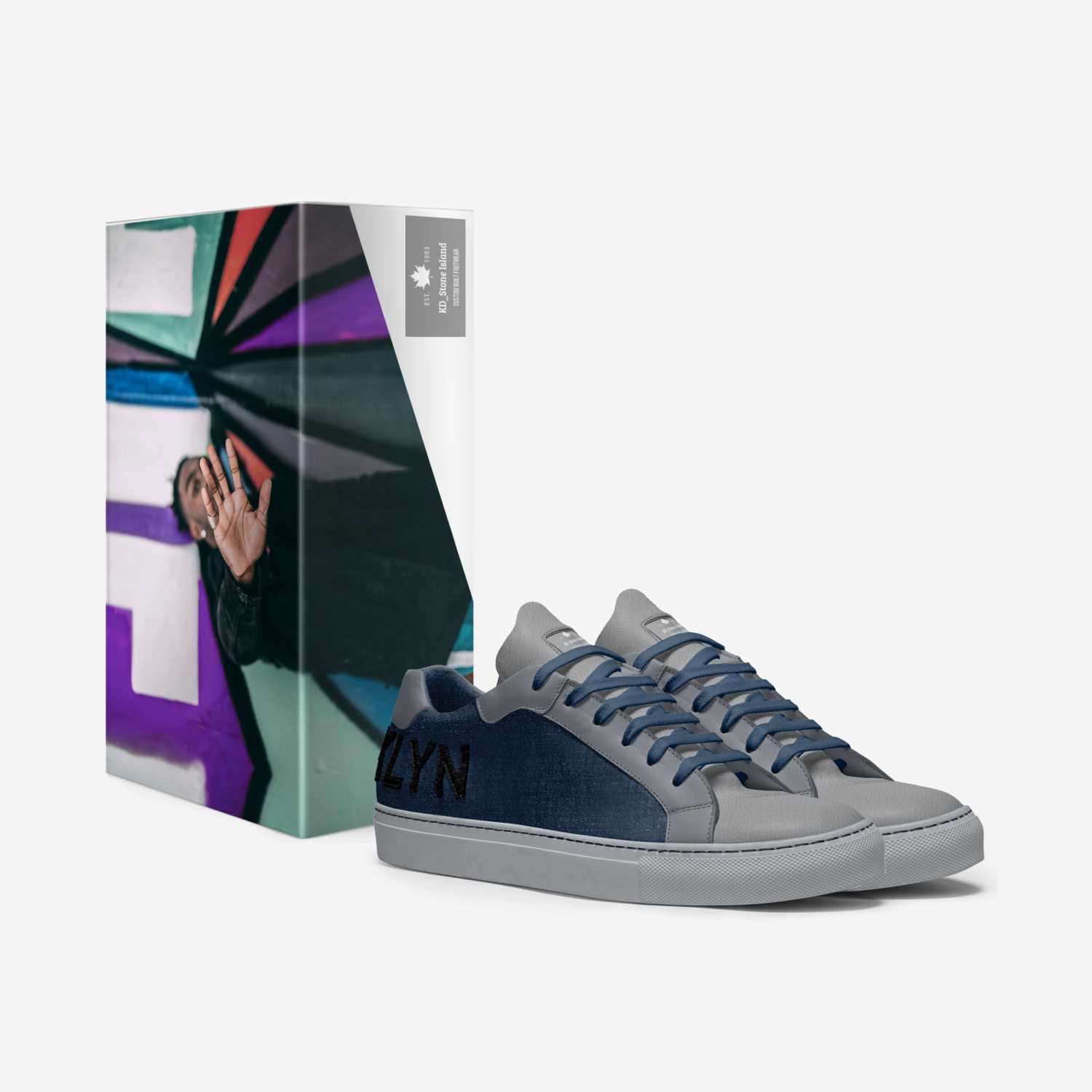 Blue-grey men's low-top leather sneaker with padded collar, branded heel details and rubber sole