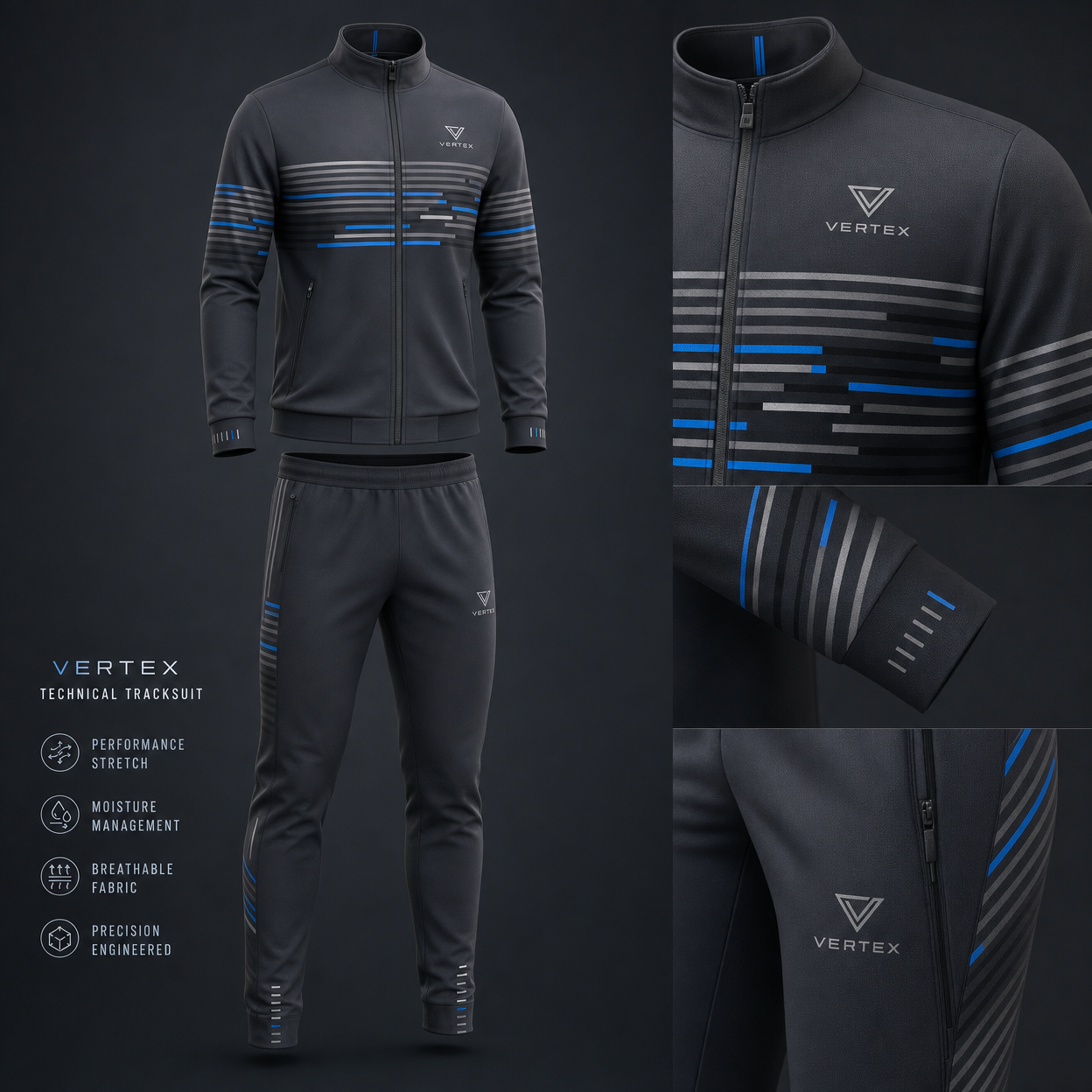 Vertex Algorithm Stripe Tracksuit in black with electric blue geometric Vertex menswear design