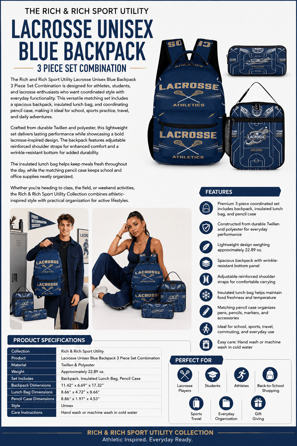 Rich and Rich blue lacrosse backpack 3-piece set with lunch bag and pencil case
