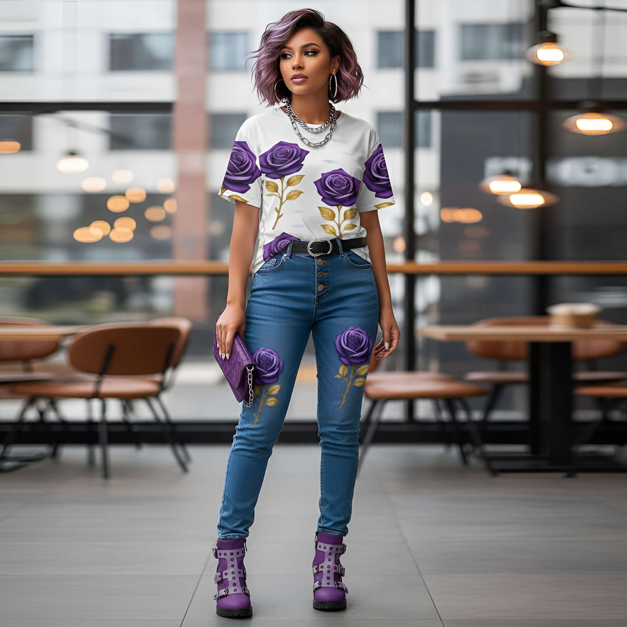 Women's cotton t-shirt with all-over Lavender Rose floral print and round neckline — additional view 9