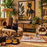 Rich and Rich Golden-Eyed Cat Among Tropical Black Frame Canvas Print 16x20inch