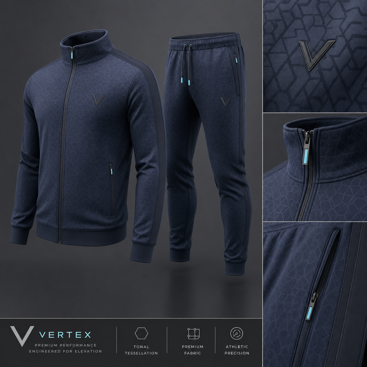 Vertex Tonal Tessellation Tracksuit in deep navy with ice cyan geometric Vertex menswear design