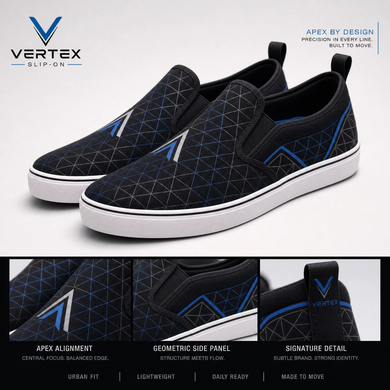 Vertex Apex Grid Slip-On Shoe Slip-On Shoe in black with electric blue geometric Vertex menswear design
