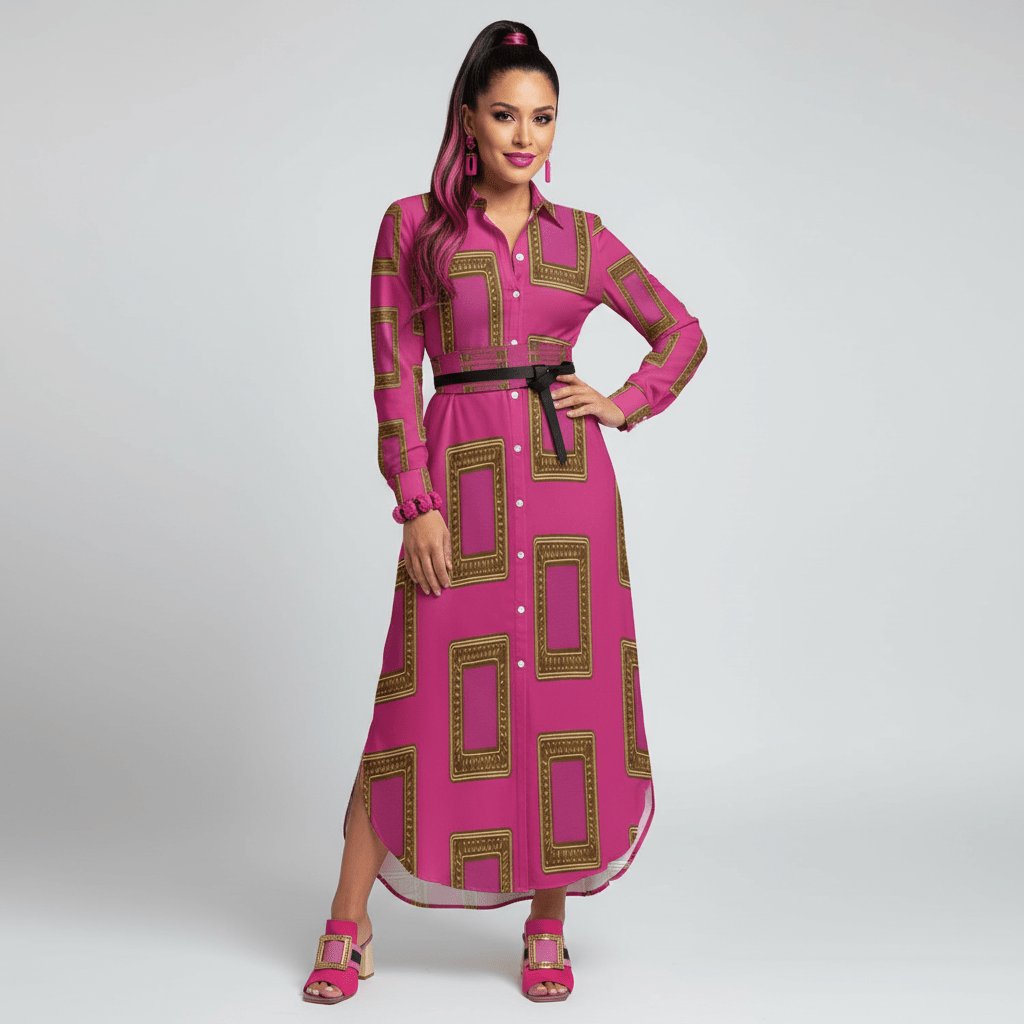 Pink long-sleeve button-up shirtdress with a split hem and relaxed long-shirt silhouette
