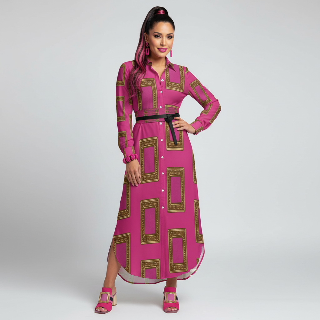 Rich and Rich Unique Swag Women's Pink Shirtdress with long sleeves and button-up collar