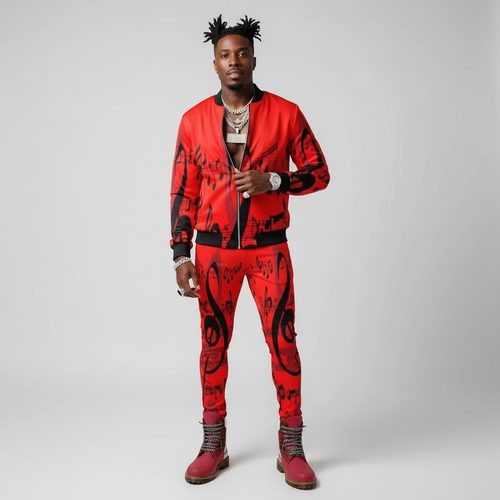 Musical Notes men's tracksuit pants with side stripe detailing in black, made from Rox Sports Jersey fabric
