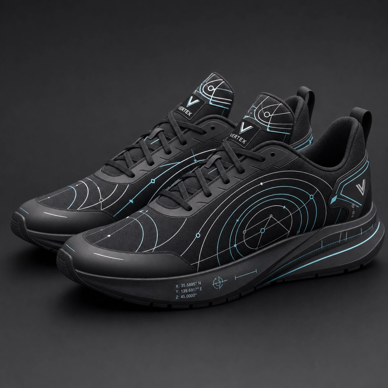 Vertex Vector Orbit Sneaker in black with signal orange geometric Vertex menswear design