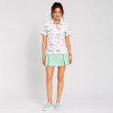 Women’s short‑sleeve tailored polo with multicolor graphic print in pique fabric — additional view 14