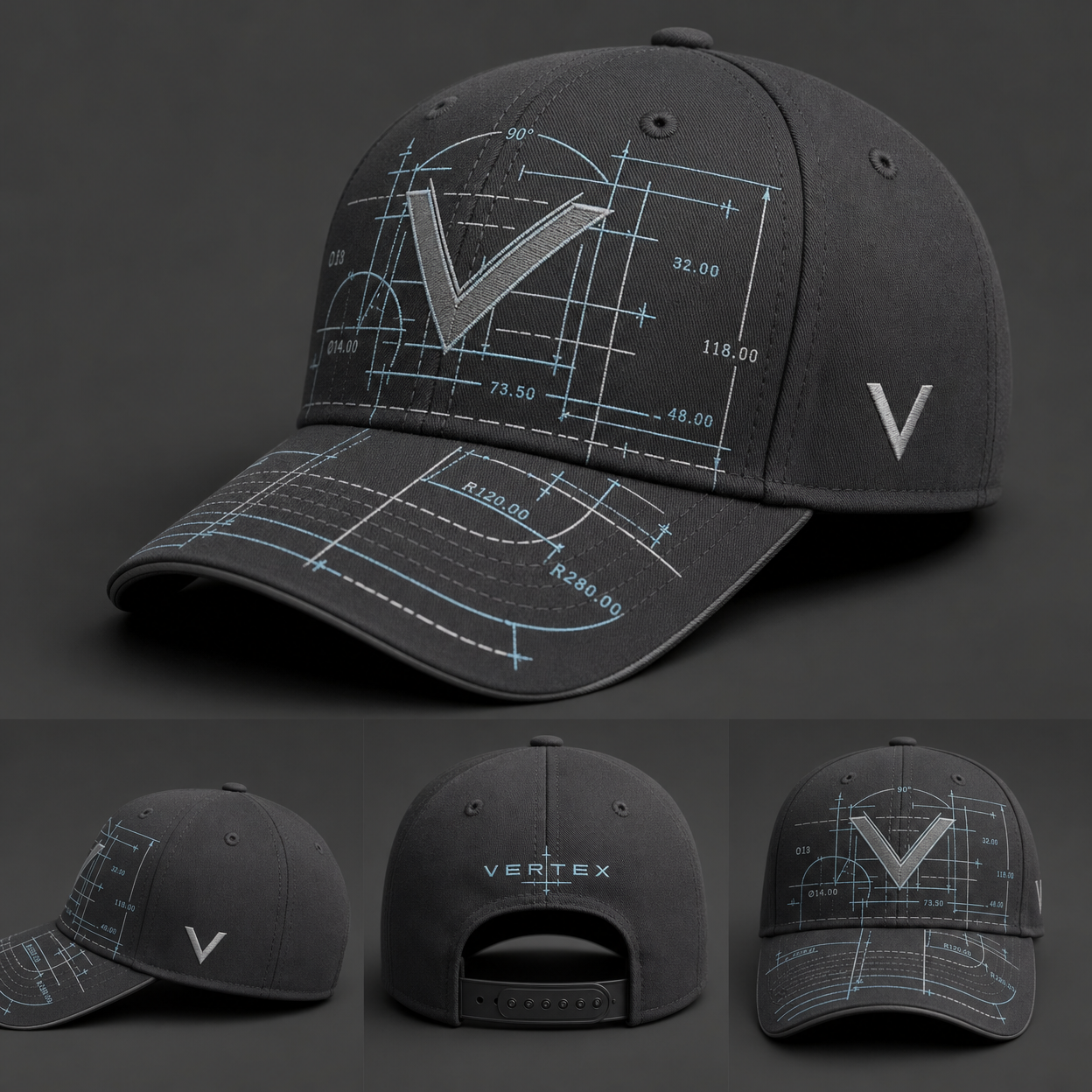 Vertex Blueprint Layer Baseball Baseball Cap in charcoal with electric blue geometric Vertex menswear design