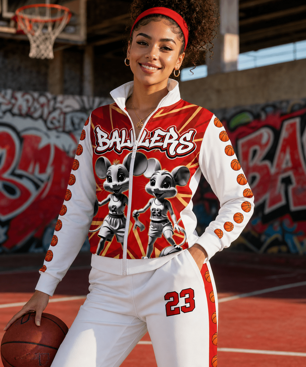 White and red two-piece tracksuit featuring cartoon mice jacket and pants with red side stripe and '23'