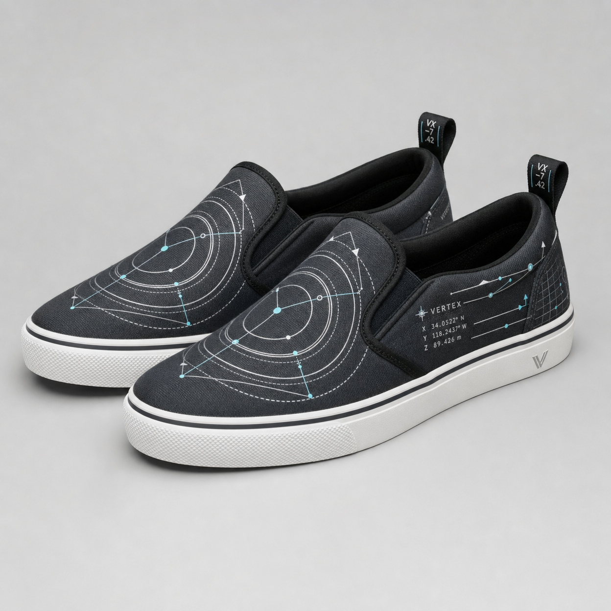 Vertex Vector Orbit Slip-On Shoe Slip-On Shoe in graphite with silver geometric Vertex menswear design