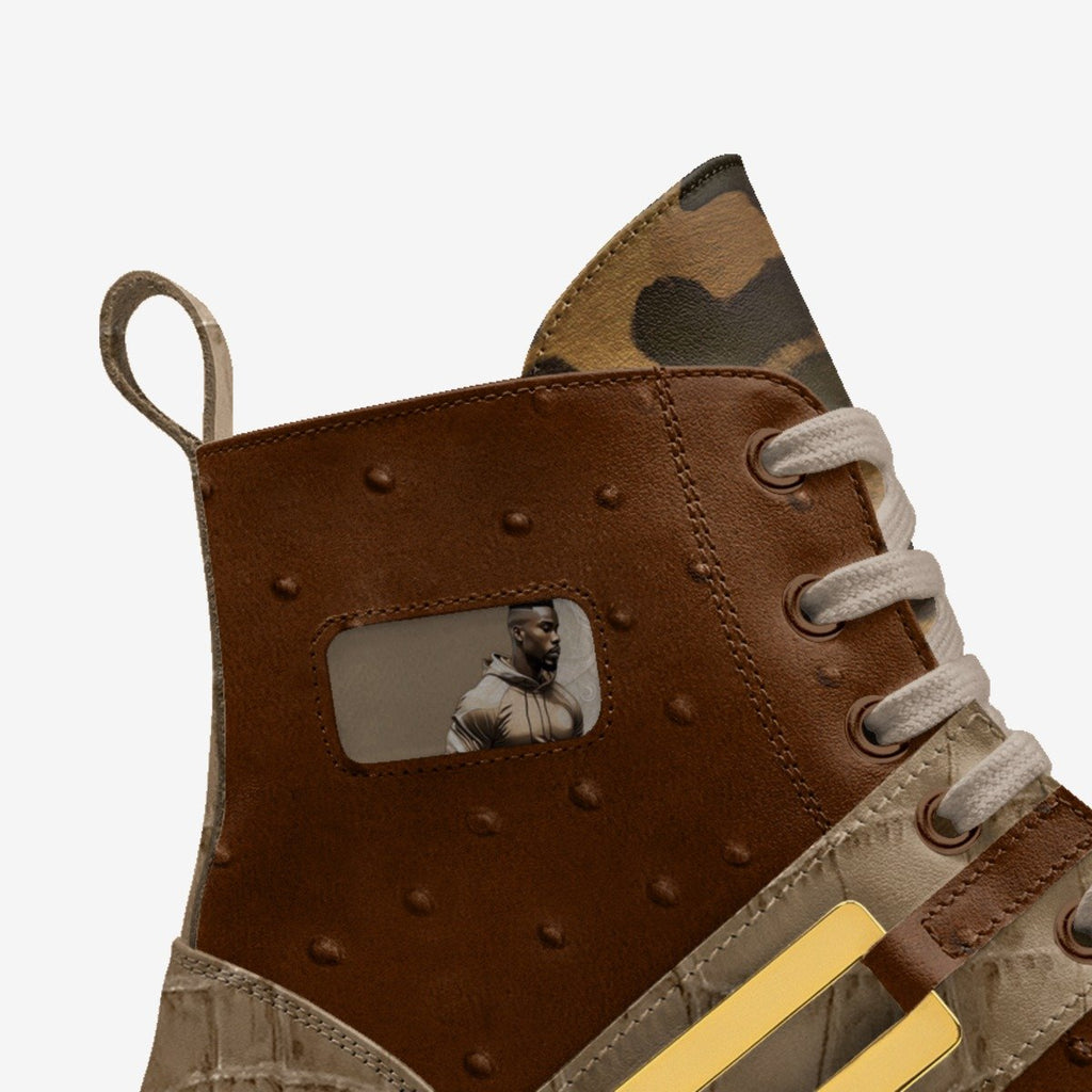 Rich and Rich Brown OtherandHer Basketball Metal High-Top Sneakers showing side view with metal accents