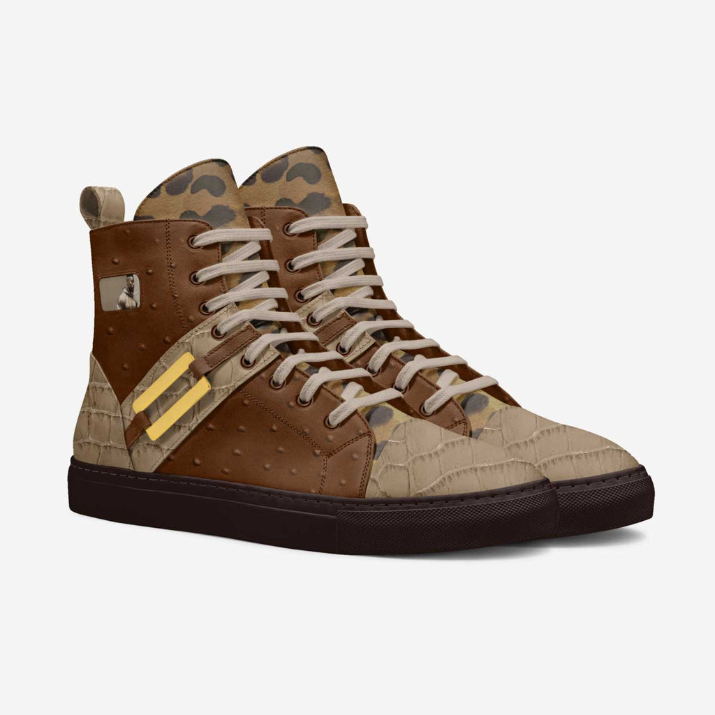 Rich and Rich Brown OtherandHer Basketball Metal High-Top Sneakers showing side view with metal accents