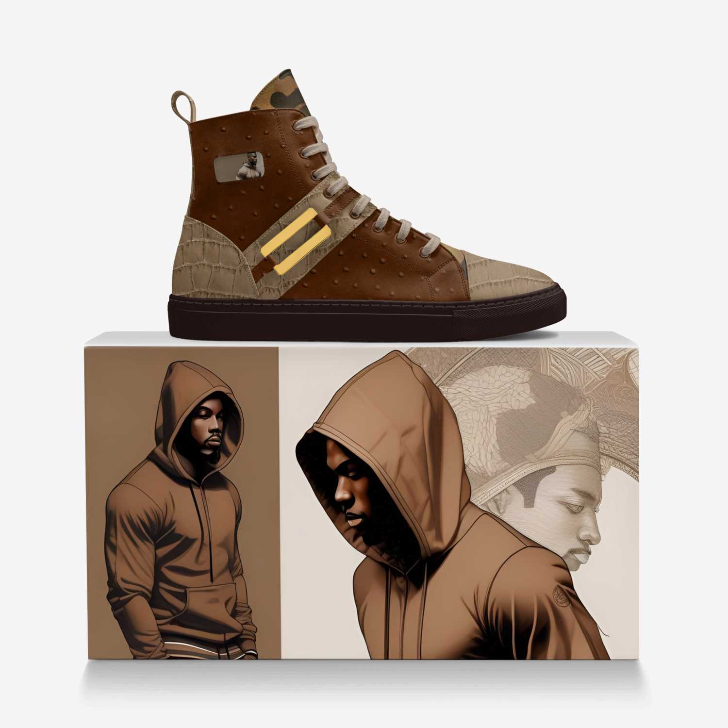 Rich and Rich Brown OtherandHer Basketball Metal High-Top Sneakers showing side view with metal accents