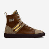 Brown high-top men's sneaker with rectangular metal accent and logo patch — additional view 9