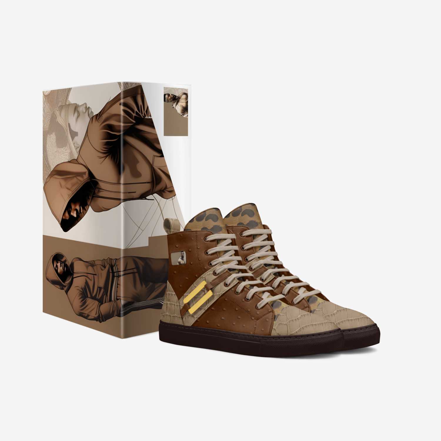 Brown high-top men's sneaker with rectangular metal accent and logo patch — additional view 6