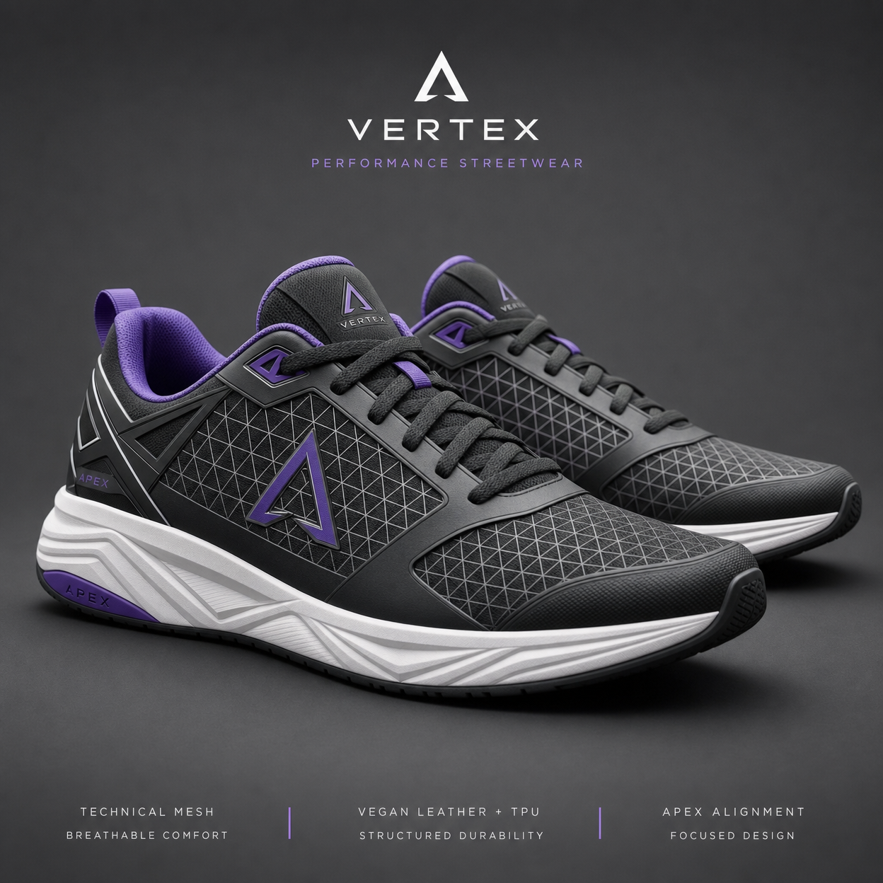 Vertex Apex Grid Sneaker in charcoal with ultraviolet geometric Vertex menswear design