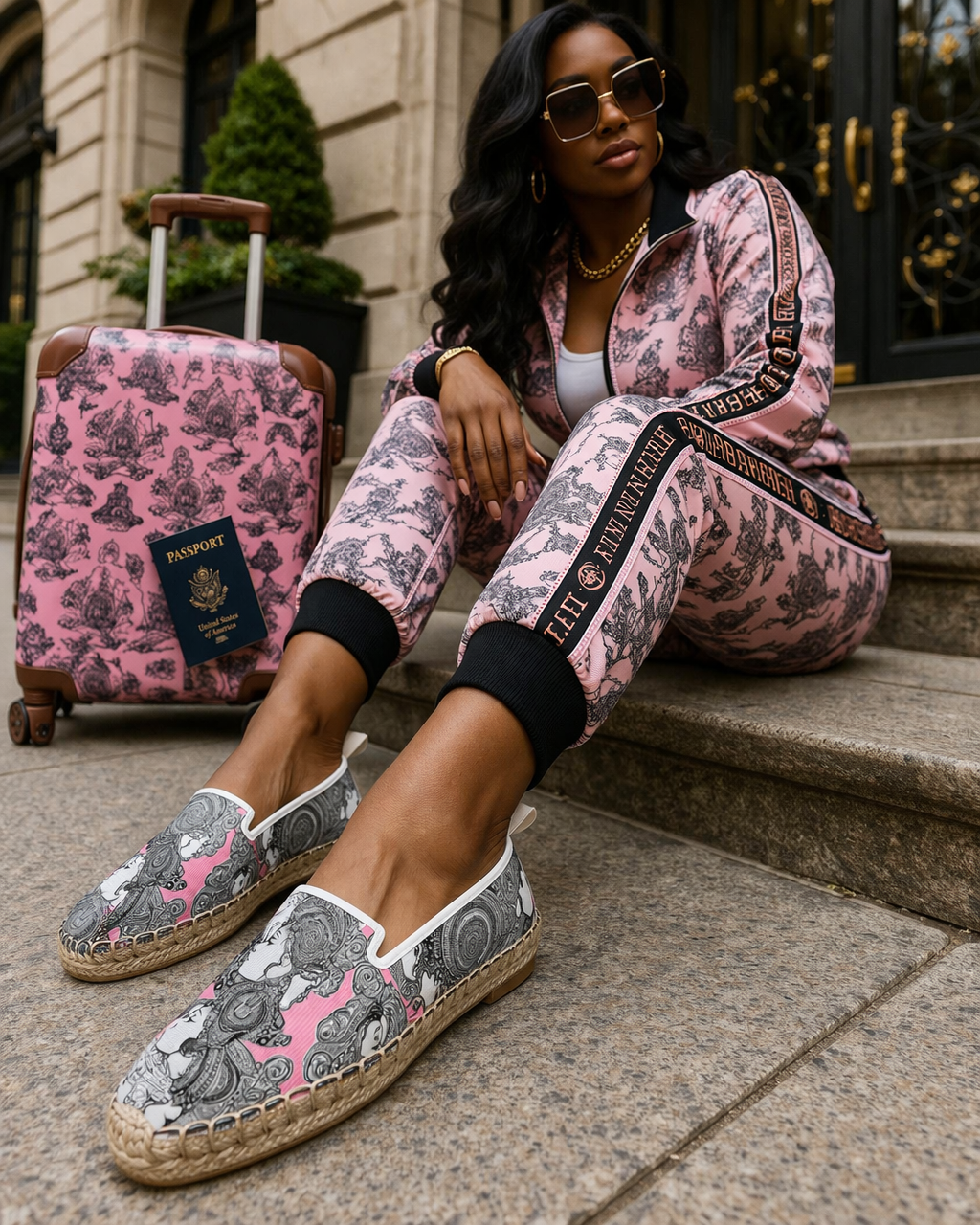 Woman in pink floral tracksuit sitting on steps with a pink patterned suitcase wearing Pink Destiny Designer Loafer Espadrilles.
